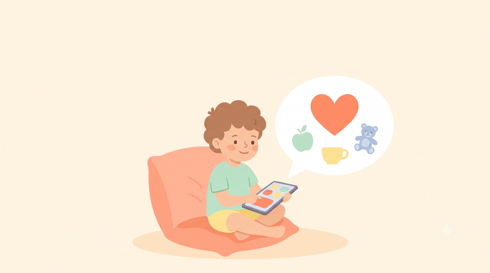 Een jongetje zit ontspannen op een kussen met een tablet; uit de tablet komt een tekstballon met een hart, een appel, een beker en een knuffelbeer