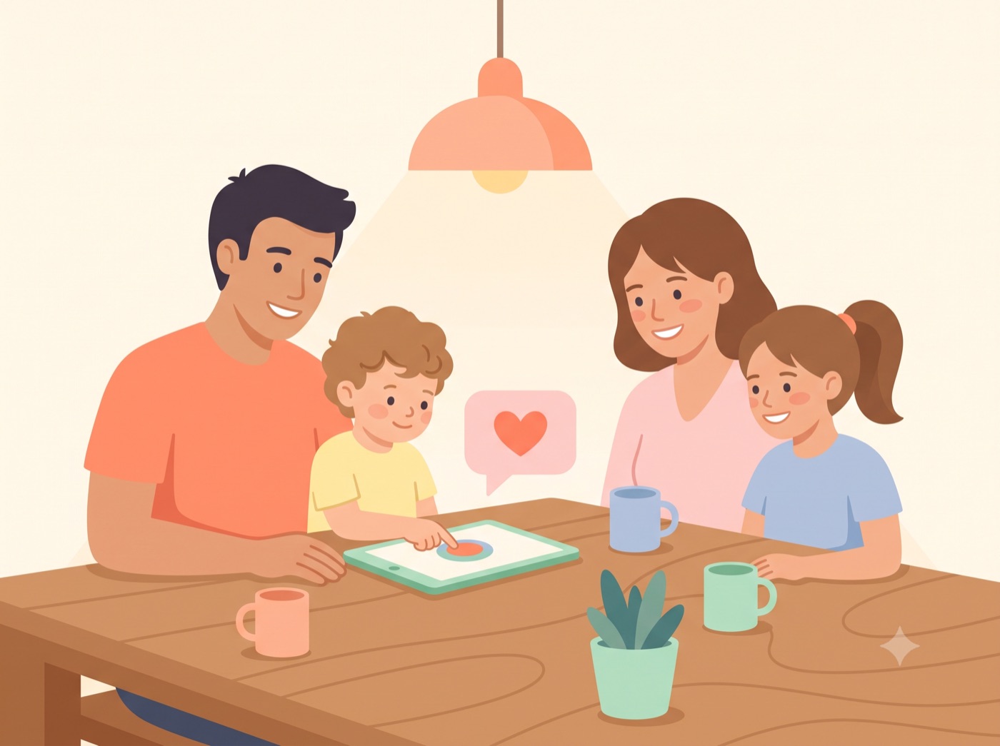 Het gezin samen aan de keukentafel onder een warme lamp; het jongetje drukt op een grote knop op de tablet